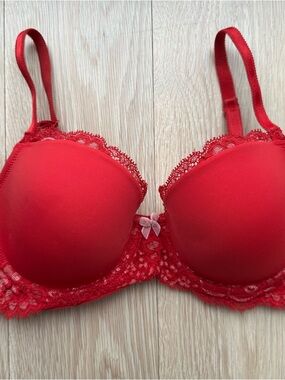 Natori Red Lace Push-Up Bra with Bow Accent